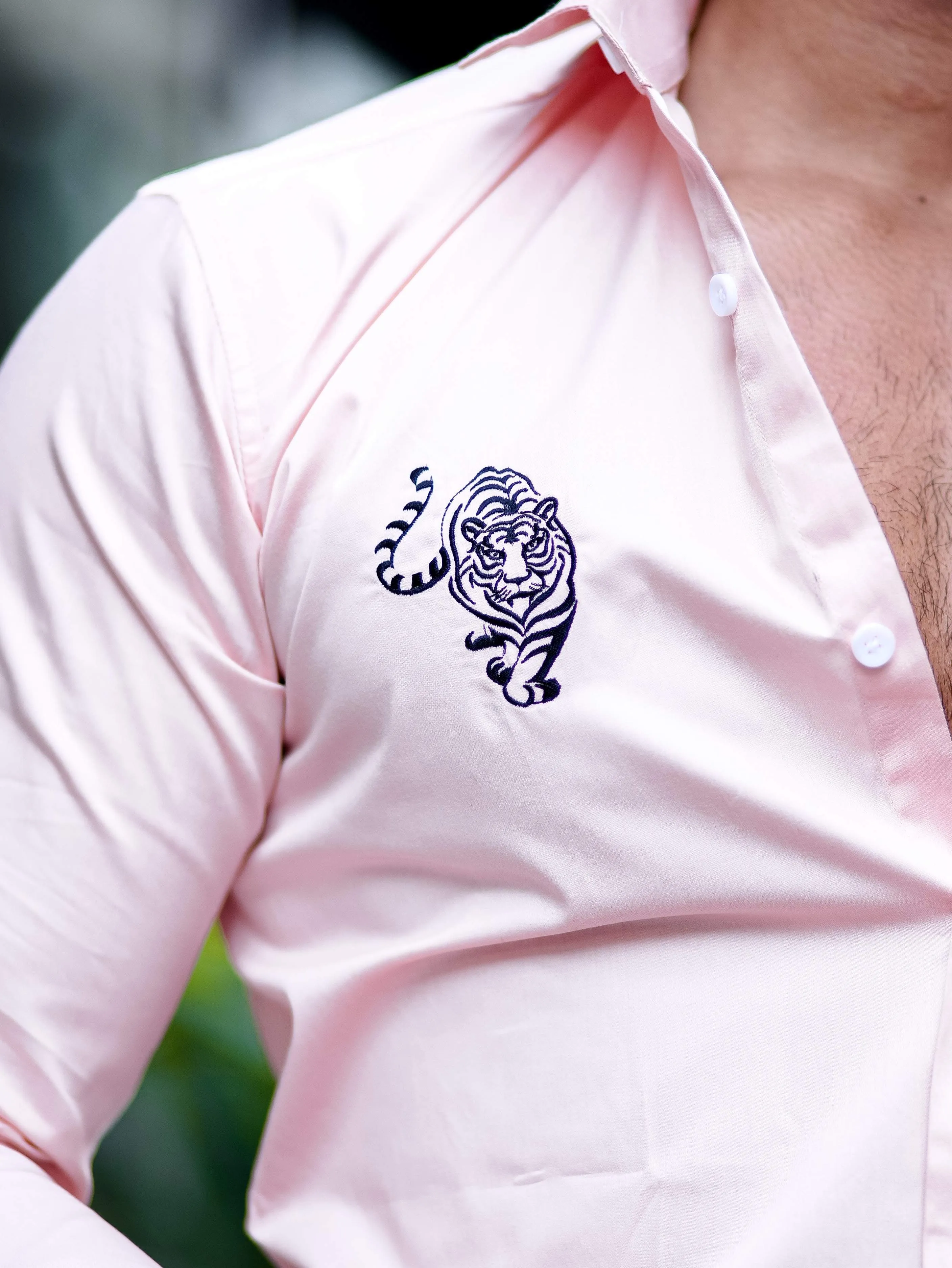 Tiger Embroidered Peach Premium Cotton Shirt For Men's