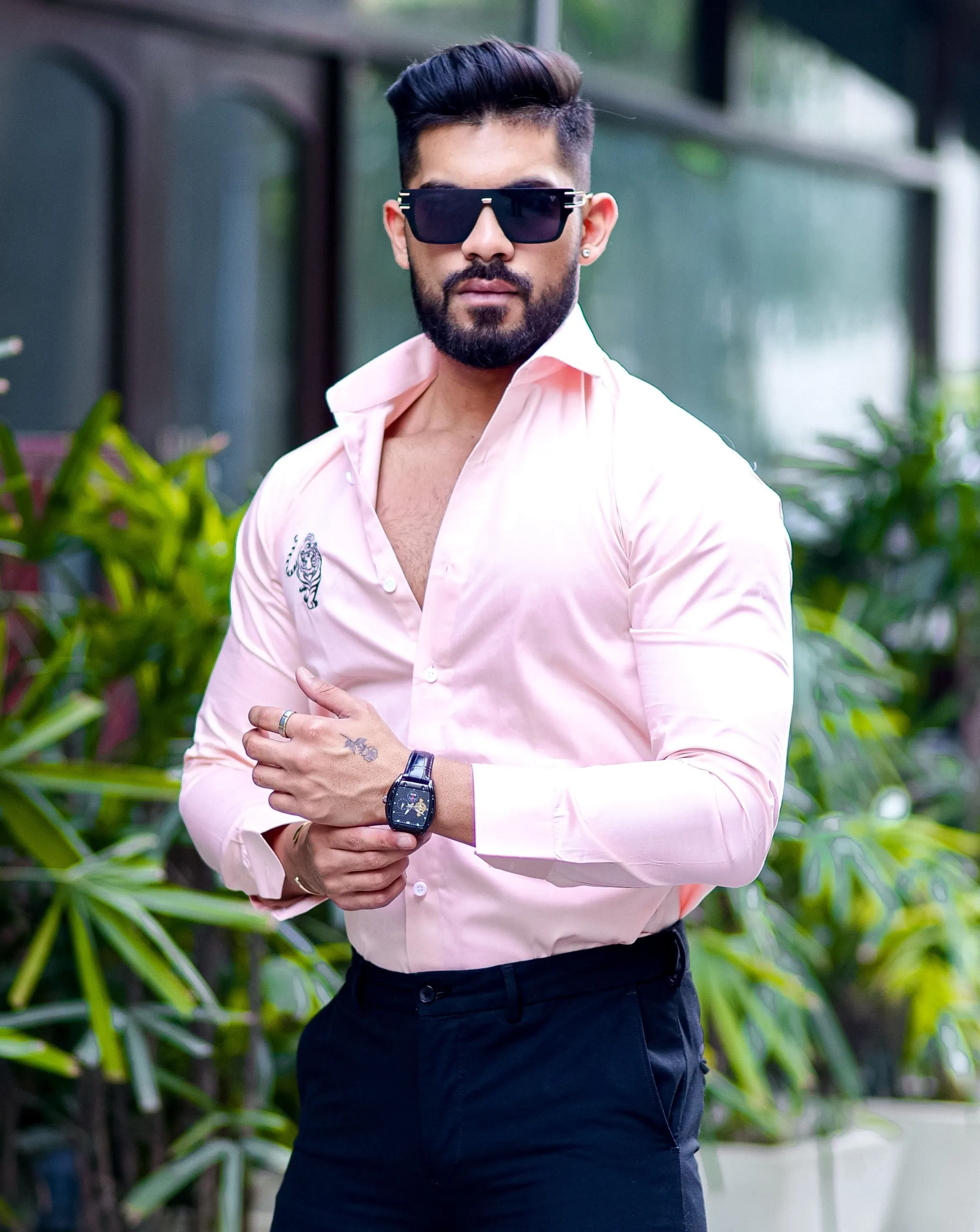 Tiger Embroidered Peach Premium Cotton Shirt For Men's
