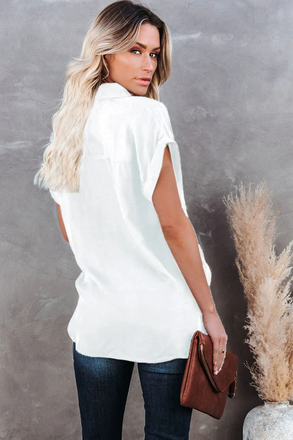 Turnover Collar Short Sleeve Sheer Button Up Shirt