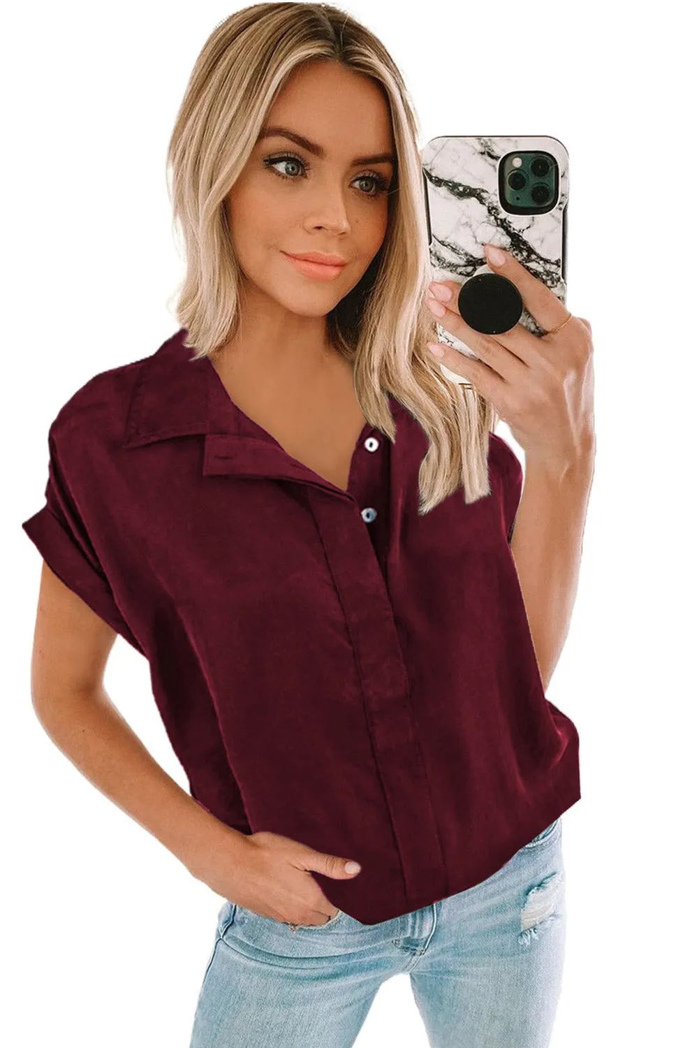 Turnover Collar Short Sleeve Sheer Button Up Shirt
