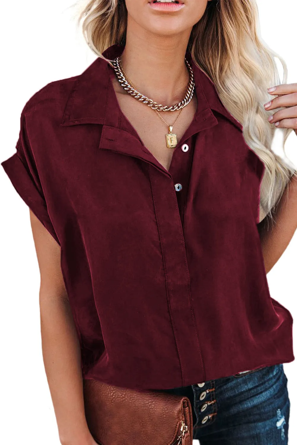 Turnover Collar Short Sleeve Sheer Button Up Shirt