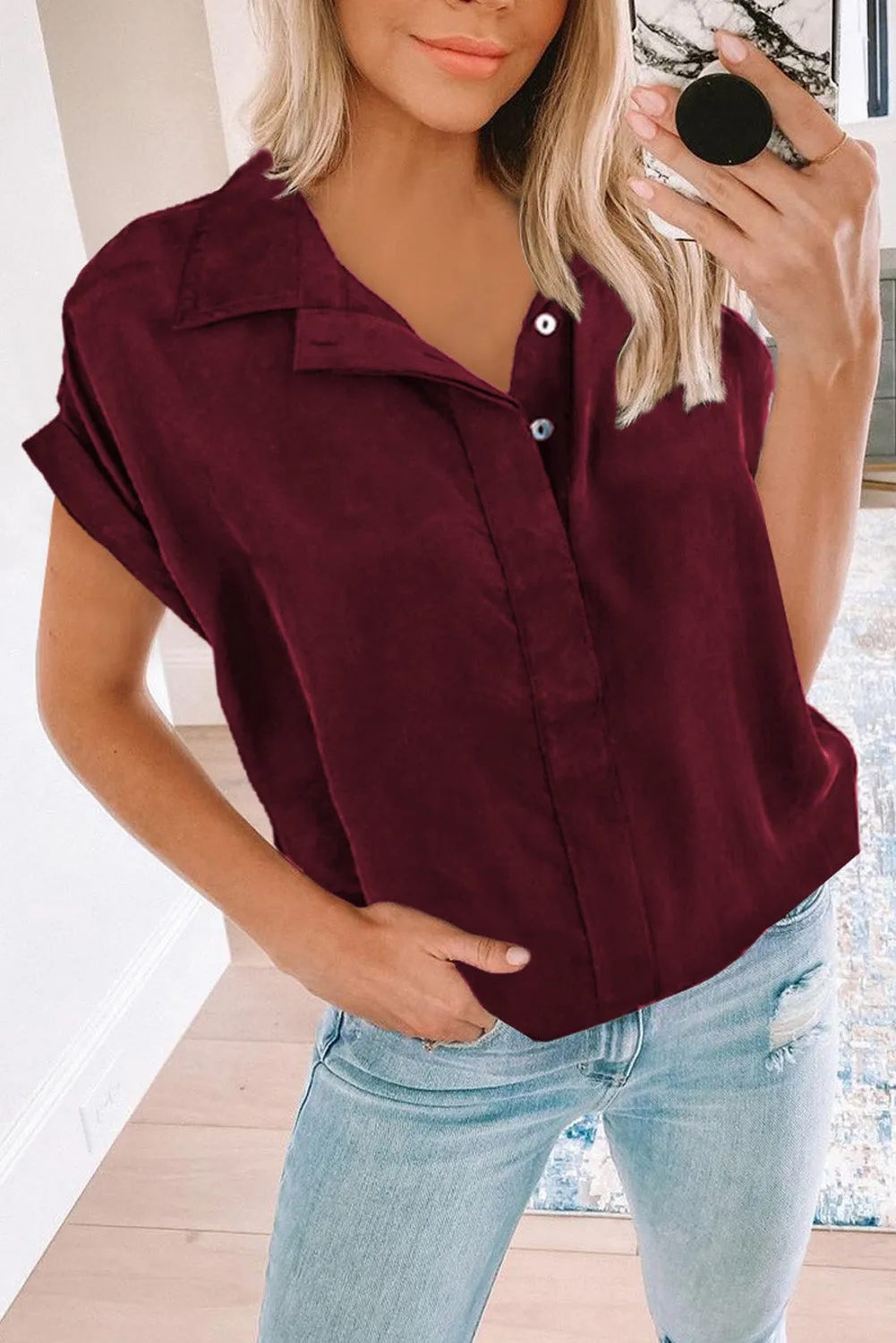 Turnover Collar Short Sleeve Sheer Button Up Shirt