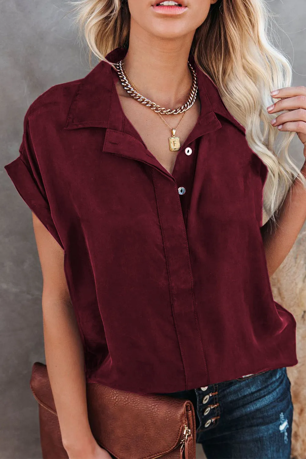 Turnover Collar Short Sleeve Sheer Button Up Shirt