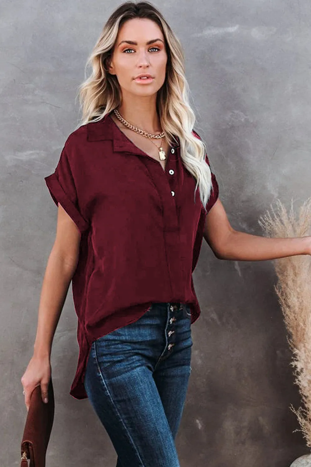 Turnover Collar Short Sleeve Sheer Button Up Shirt