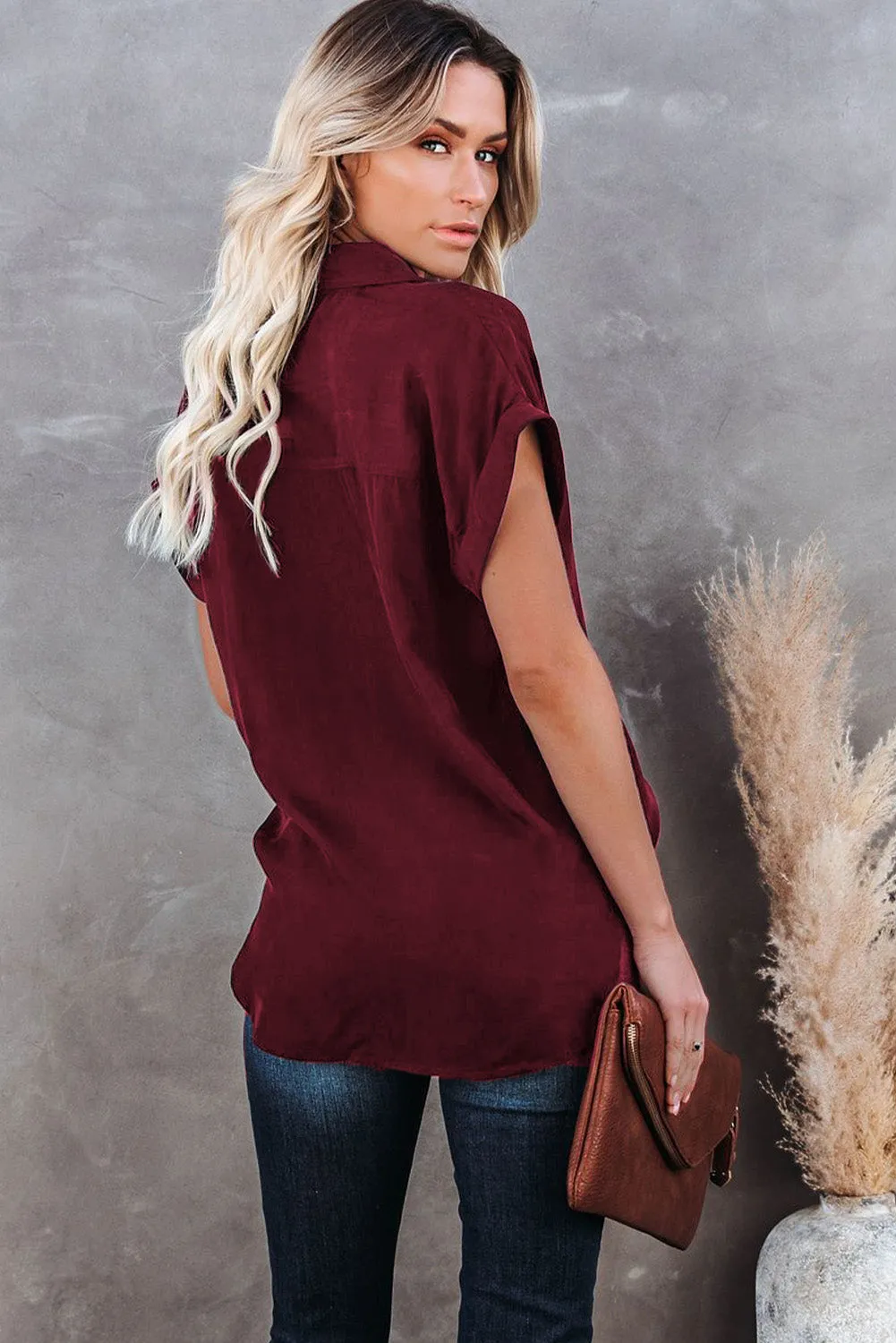 Turnover Collar Short Sleeve Sheer Button Up Shirt