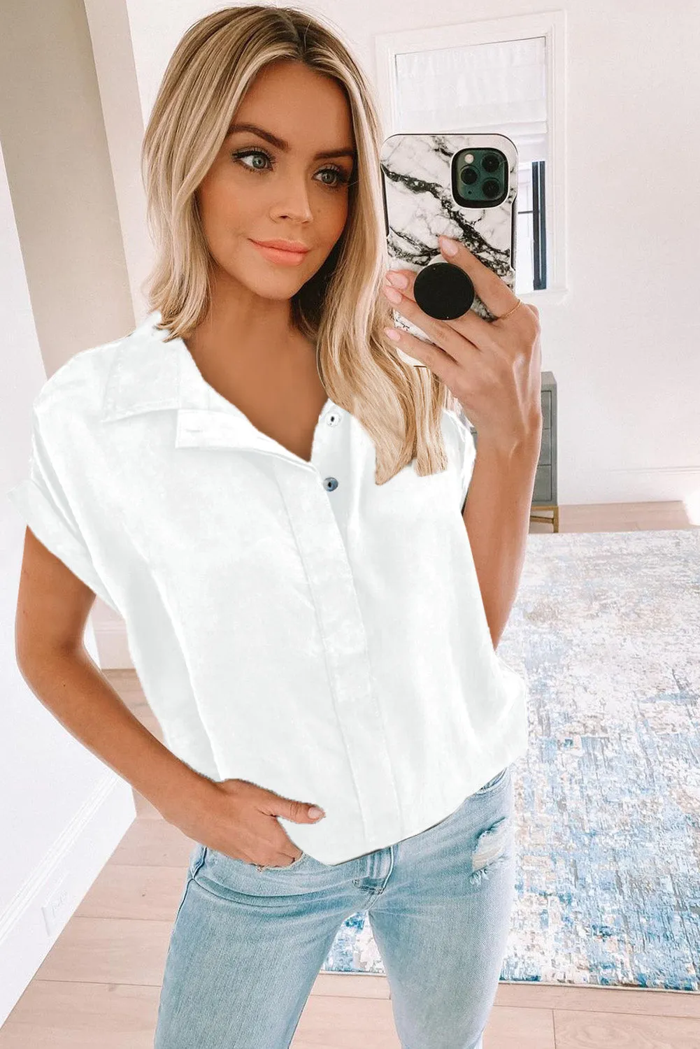 Turnover Collar Short Sleeve Sheer Button Up Shirt