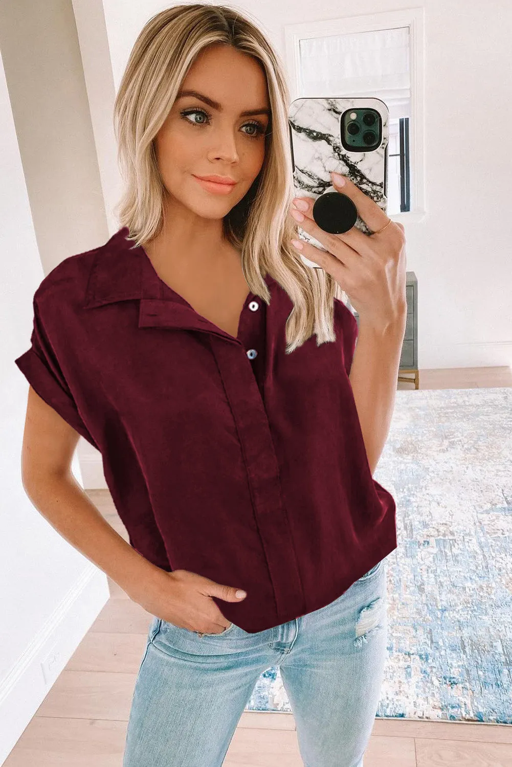 Turnover Collar Short Sleeve Sheer Button Up Shirt