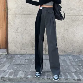 Two Colored Stitching Grey Black Grunge Straight Pants