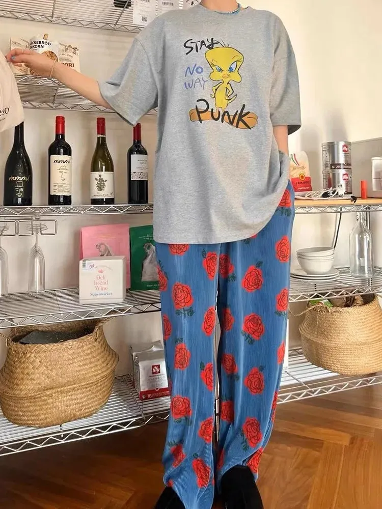 Vevesc 2024 Summer New Sweatpants Women Fashion Vintage Flower Print Loose Wide Leg Pants Y2k Grunge Elastic Waist Straight Trousers