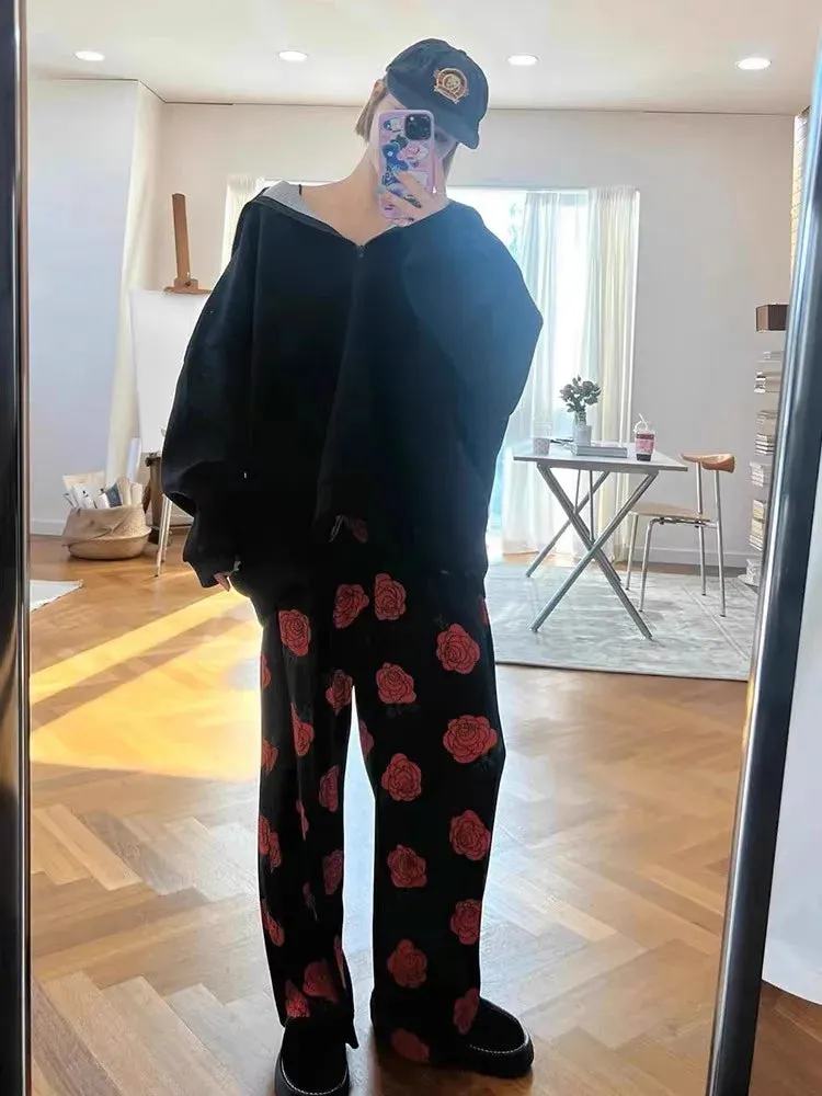 Vevesc 2024 Summer New Sweatpants Women Fashion Vintage Flower Print Loose Wide Leg Pants Y2k Grunge Elastic Waist Straight Trousers