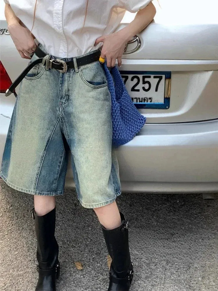 Vevesc Blue Vintage Washed Jeans For Women Y2k Grunge High Waist Loose Denim Shorts 2024 Summer New Straight Knee-Length Pants