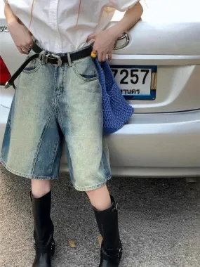 Vevesc Blue Vintage Washed Jeans For Women Y2k Grunge High Waist Loose Denim Shorts 2024 Summer New Straight Knee-Length Pants