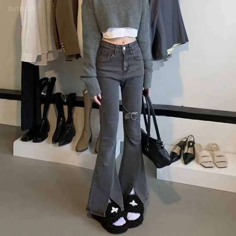 Vevesc Sweet Cool Black Gray Heart Denim Pants For Women Y2k Grunge High Waist Split Flare 2024 Spring New Bell Bottom Jeans