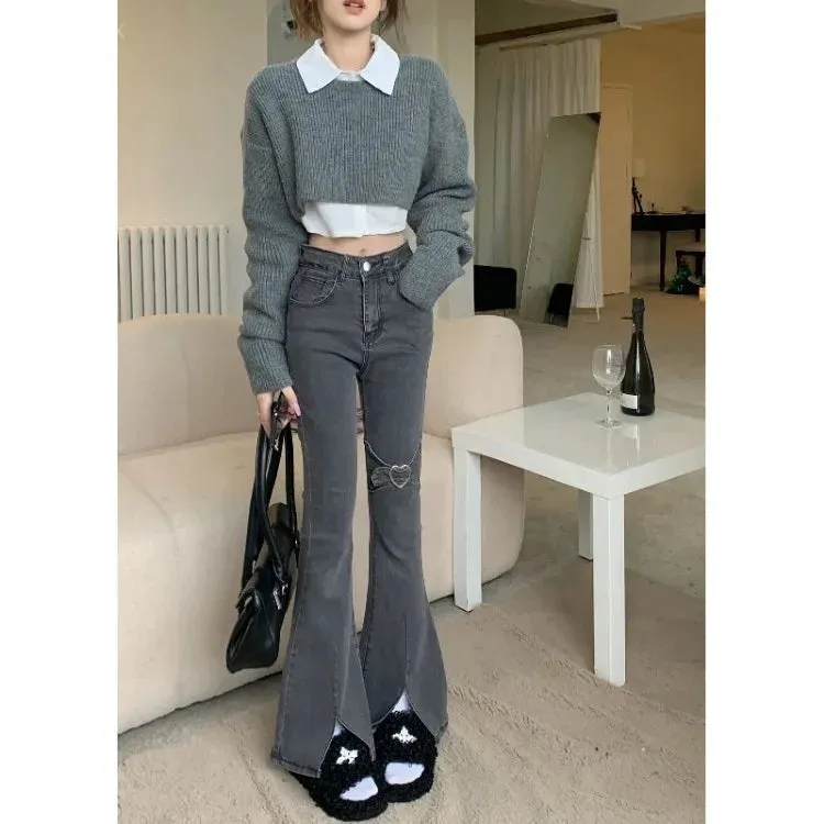 Vevesc Sweet Cool Black Gray Heart Denim Pants For Women Y2k Grunge High Waist Split Flare 2024 Spring New Bell Bottom Jeans