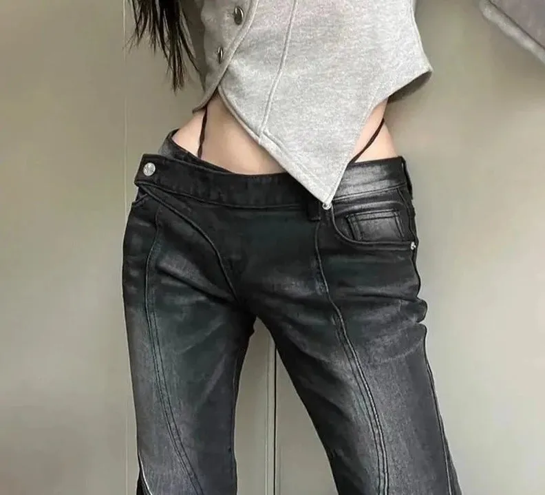 Vintage Distressed Low Waist Jeans Grunge Asymmetrical Waist Denim Pant Korean Fashion Black Flare Jeans Kpop Streetwear