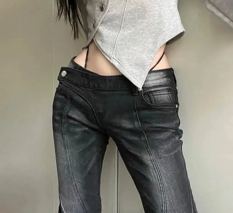 Vintage Distressed Low Waist Jeans Grunge Asymmetrical Waist Denim Pant Korean Fashion Black Flare Jeans Kpop Streetwear