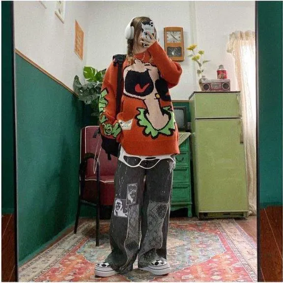 Wenkouban Grunge Gothic Women Fashion Jeans Streetwear Patchwork Baggy Wide Leg Denim Pants Harajuku Hippie Vintage Casual Trousers