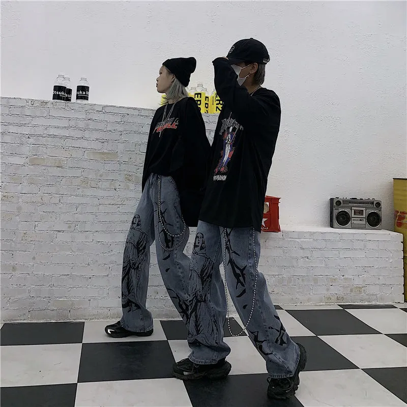 Wenkouban Harajuku Women Jeans Pants Streetwear Print Hippie Denim Pants Women Korean Style Wide Leg Pants Vintage Grunge Trousers