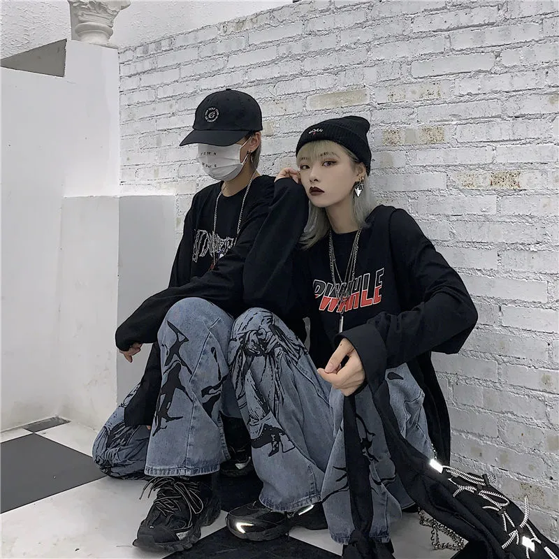 Wenkouban Harajuku Women Jeans Pants Streetwear Print Hippie Denim Pants Women Korean Style Wide Leg Pants Vintage Grunge Trousers