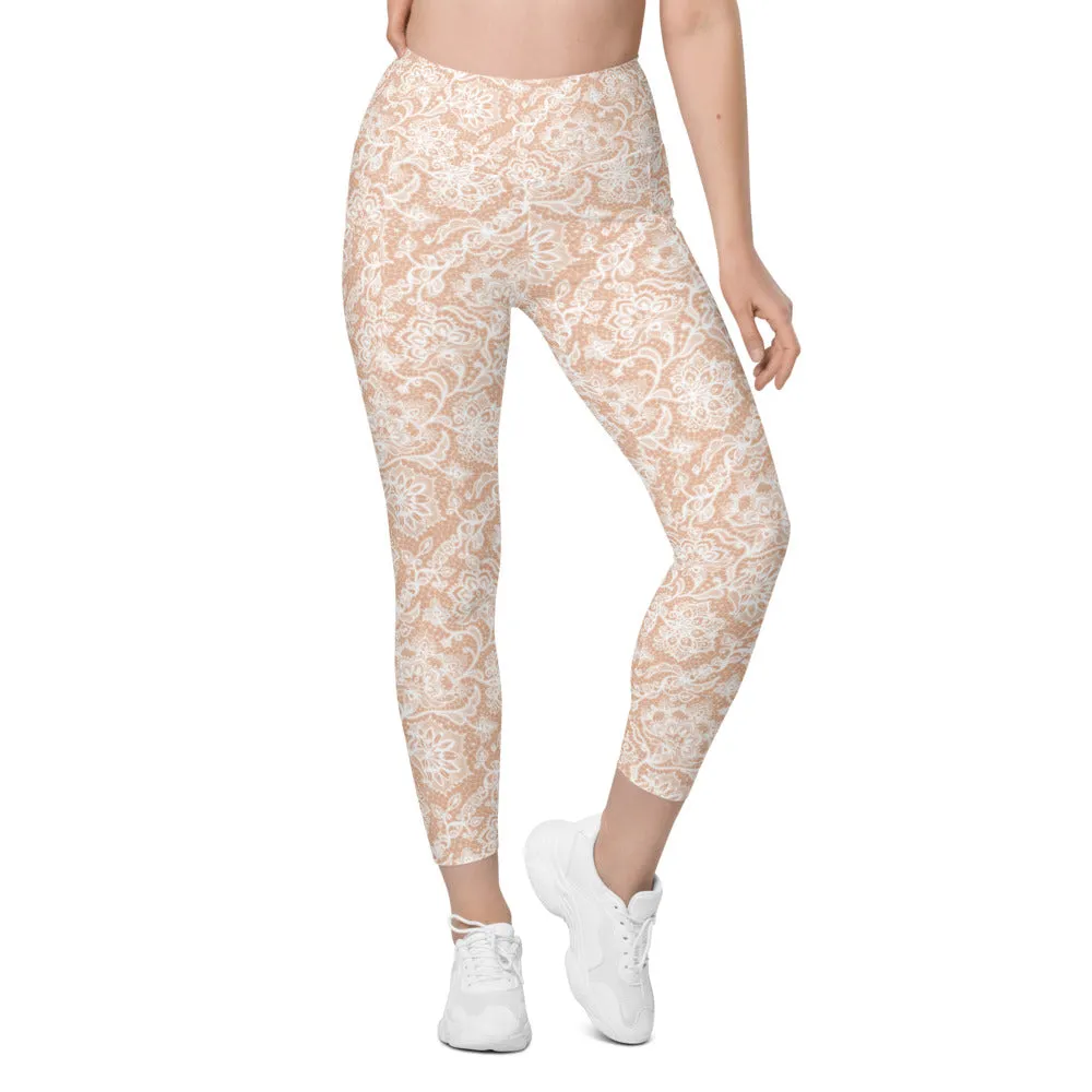 White Faux Lace Leggings with Pockets