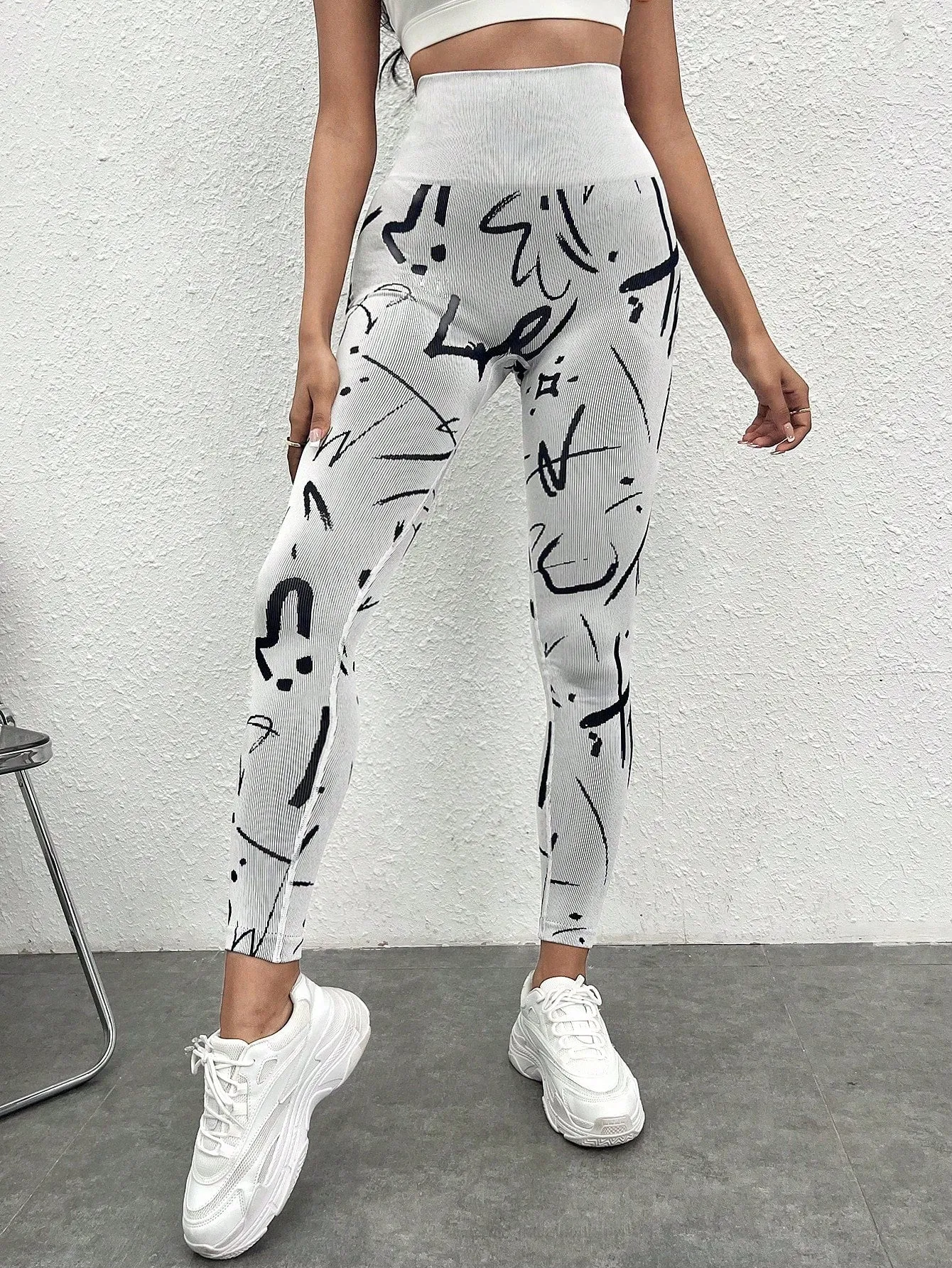 White Graphic Print Wide Band High Waist Sports Leggings