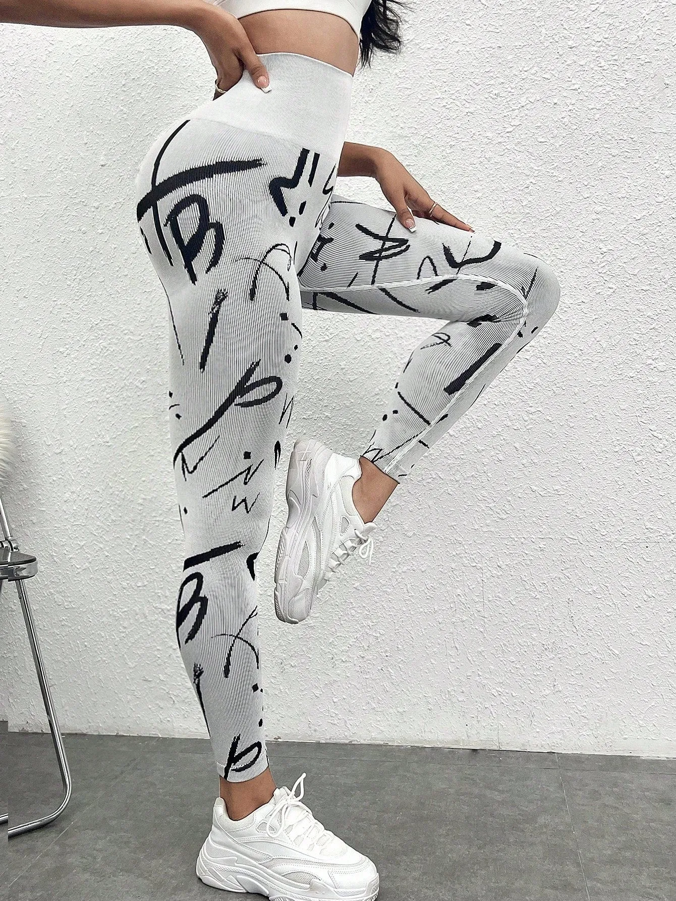 White Graphic Print Wide Band High Waist Sports Leggings