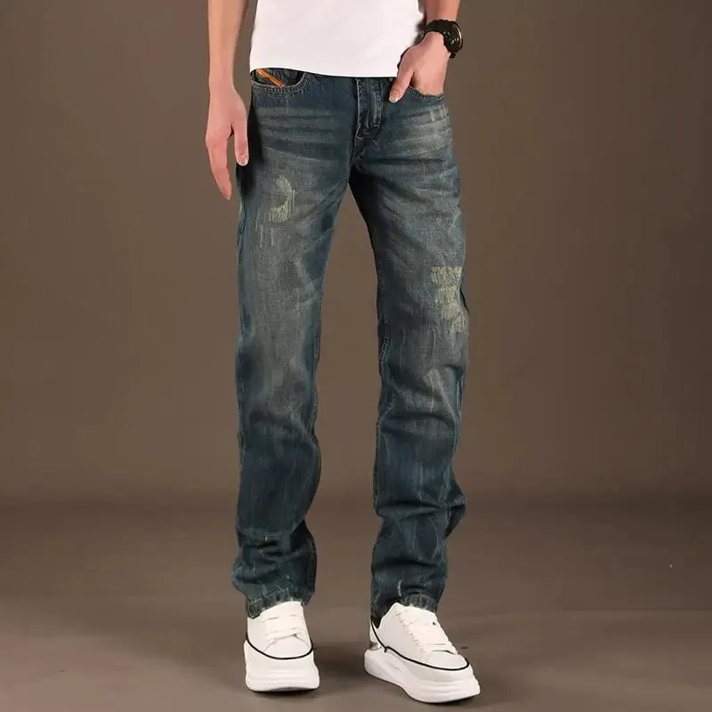 Wiaofellas  -  Male Cowboy Pants Retro with Print Spring Autumn Trousers Straight Graphic Clothing Grunge Y2k Men's Jeans Korean Fashion Washed