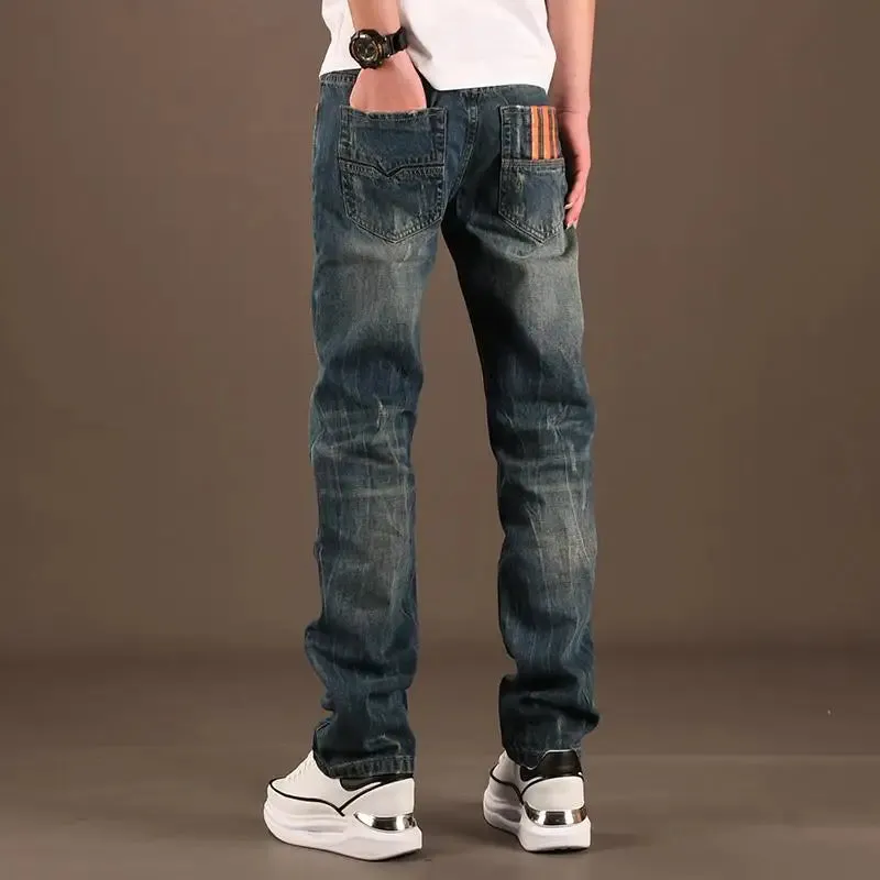 Wiaofellas  -  Male Cowboy Pants Retro with Print Spring Autumn Trousers Straight Graphic Clothing Grunge Y2k Men's Jeans Korean Fashion Washed