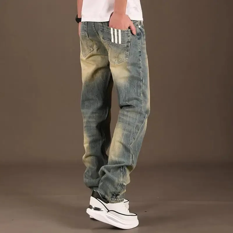 Wiaofellas  -  Male Cowboy Pants Retro with Print Spring Autumn Trousers Straight Graphic Clothing Grunge Y2k Men's Jeans Korean Fashion Washed