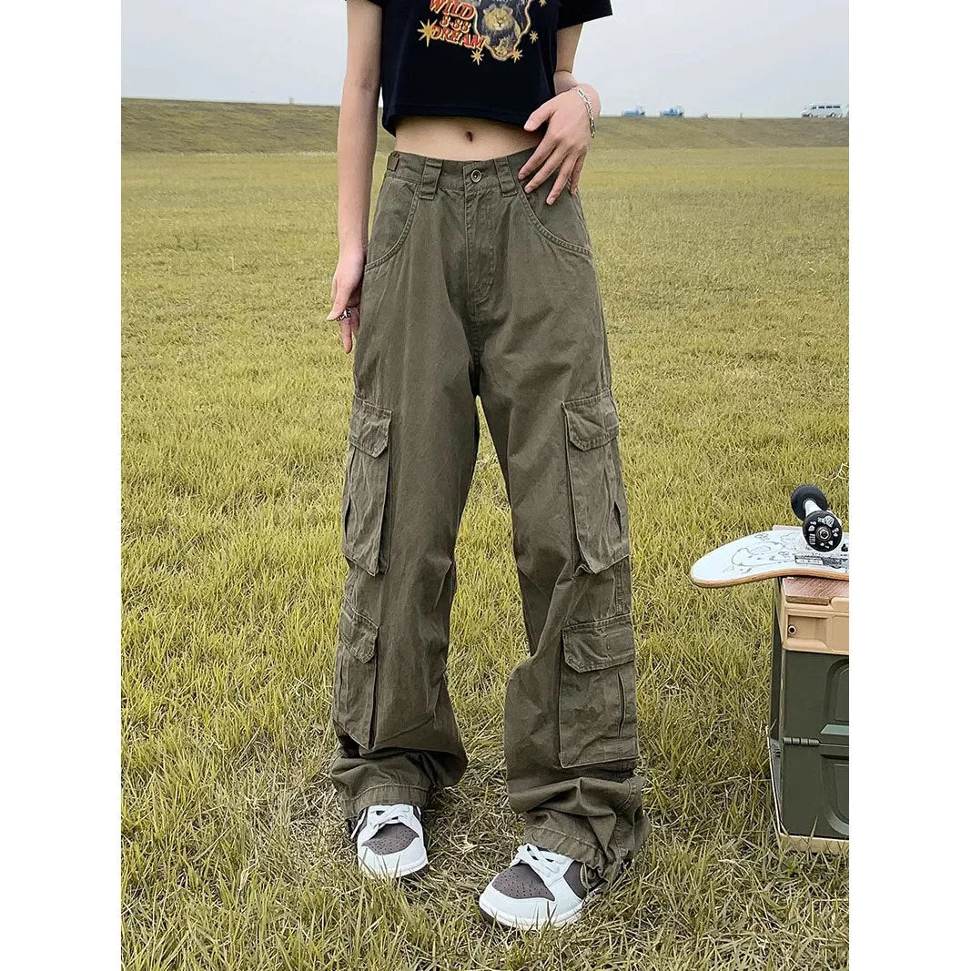 Wjczt grunge outfits American Retro Overalls Spring and Autumn New Washed Distressed Multi-Pocket Straight Loose Drawstring Adjustable Pants for Women