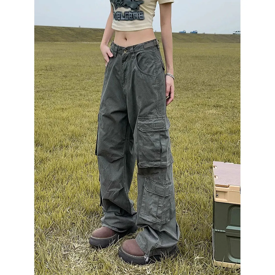 Wjczt grunge outfits American Retro Overalls Spring and Autumn New Washed Distressed Multi-Pocket Straight Loose Drawstring Adjustable Pants for Women