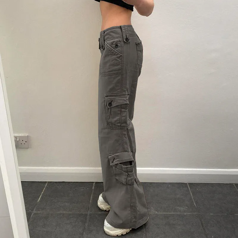 Wjczt grunge outfits Hot Girl Fried Street Straight Casual Pants American Street Retro Style Irregular Large Pocket Wide Belt Design Jeans