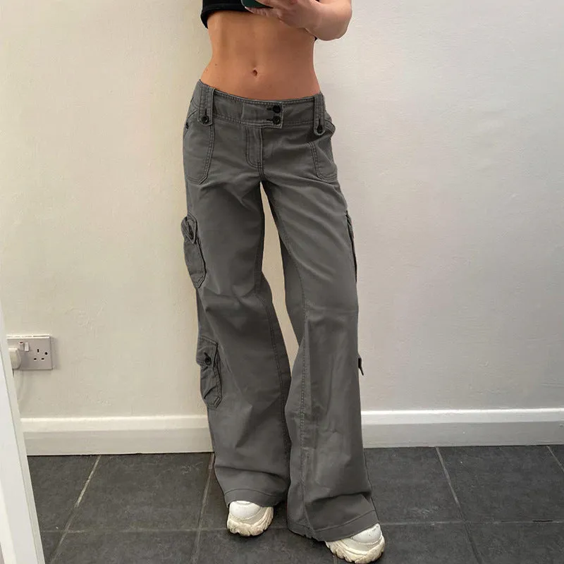 Wjczt grunge outfits Hot Girl Fried Street Straight Casual Pants American Street Retro Style Irregular Large Pocket Wide Belt Design Jeans