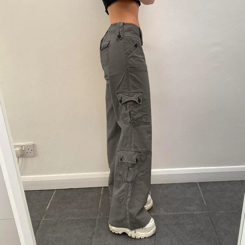 Wjczt grunge outfits Hot Girl Fried Street Straight Casual Pants American Street Retro Style Irregular Large Pocket Wide Belt Design Jeans
