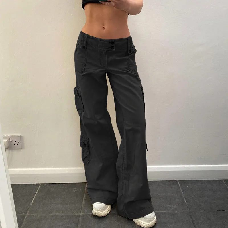 Wjczt grunge outfits Hot Girl Fried Street Straight Casual Pants American Street Retro Style Irregular Large Pocket Wide Belt Design Jeans