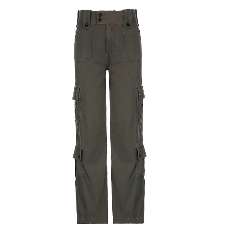 Wjczt grunge outfits Hot Girl Fried Street Straight Casual Pants American Street Retro Style Irregular Large Pocket Wide Belt Design Jeans