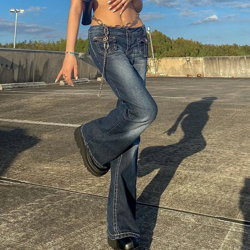 Wjczt Low Waist Denim Jeans women Vintage Cute Chic Straight Pants wide leg jwans woman Streetwear Harajuku Grunge Clothes Trousers