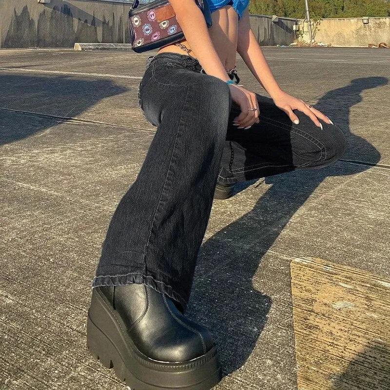 Wjczt Low Waist Denim Jeans women Vintage Cute Chic Straight Pants wide leg jwans woman Streetwear Harajuku Grunge Clothes Trousers