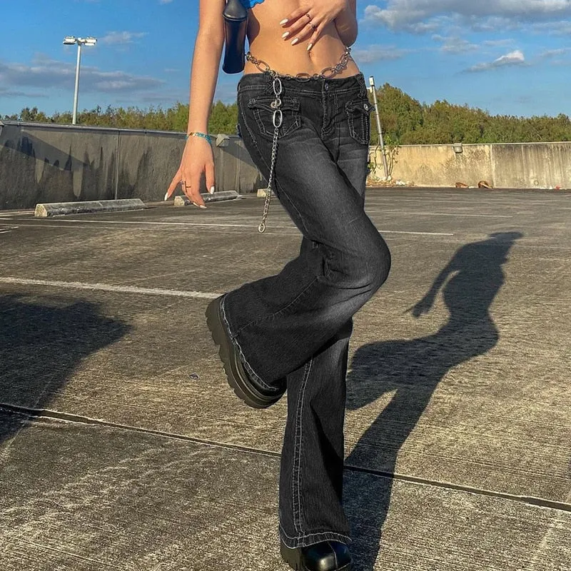 Wjczt Low Waist Denim Jeans women Vintage Cute Chic Straight Pants wide leg jwans woman Streetwear Harajuku Grunge Clothes Trousers