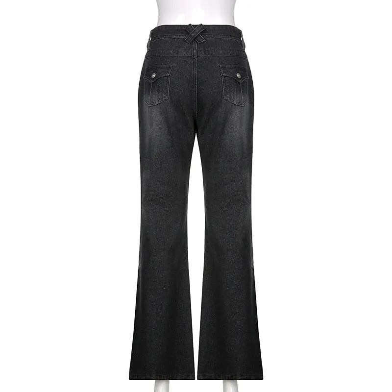 Wjczt Low Waist Denim Jeans women Vintage Cute Chic Straight Pants wide leg jwans woman Streetwear Harajuku Grunge Clothes Trousers