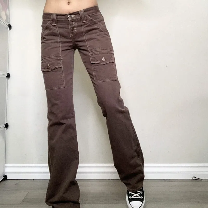 Wjczt   Wjczt  Y2K Indie Aesthetics Vintage Low Waist Pants 2000S Low Rise Flare Jeans Grunge Fairy Retro Denim Trousers With Pockets