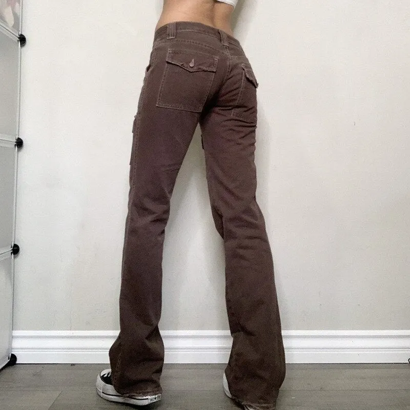 Wjczt   Wjczt  Y2K Indie Aesthetics Vintage Low Waist Pants 2000S Low Rise Flare Jeans Grunge Fairy Retro Denim Trousers With Pockets
