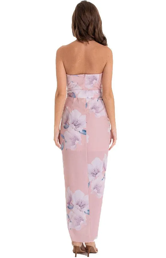 Women’s Blush Floral Strapless Dress With Ribbon Belt
