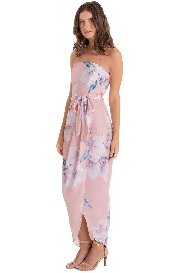 Women’s Blush Floral Strapless Dress With Ribbon Belt