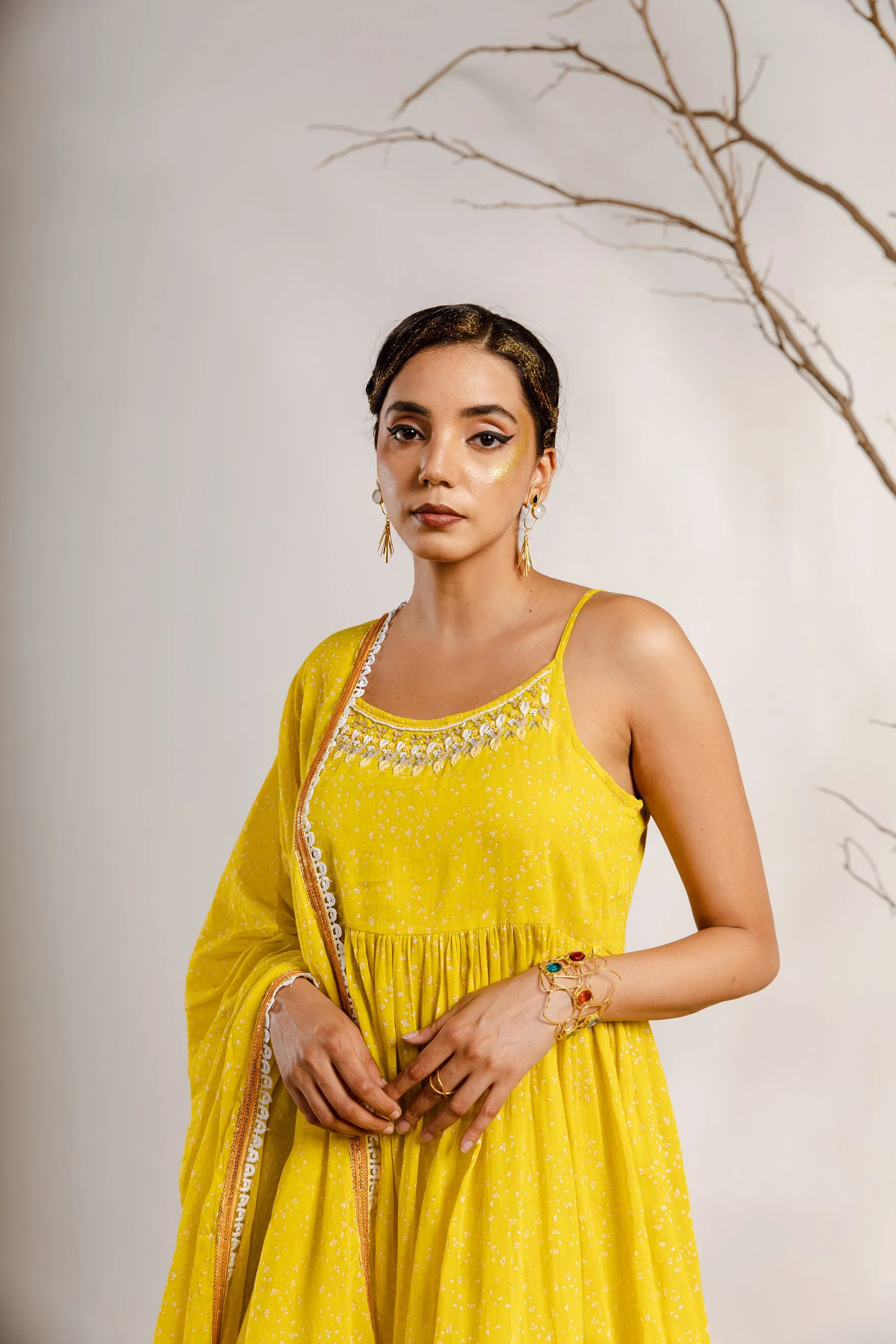 Womens Cotton Lemon Green A-line Kurta Sharara and Dupatta With Fancy Potli Set