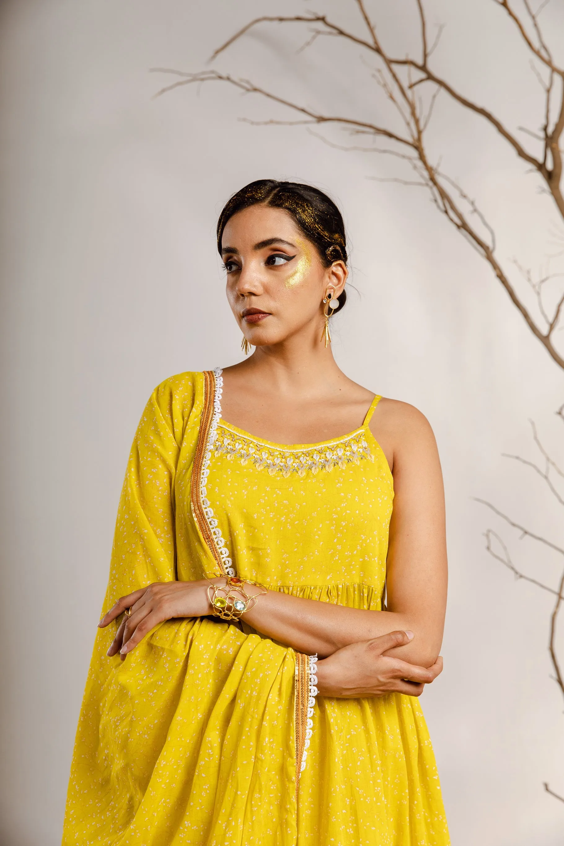 Womens Cotton Lemon Green A-line Kurta Sharara and Dupatta With Fancy Potli Set