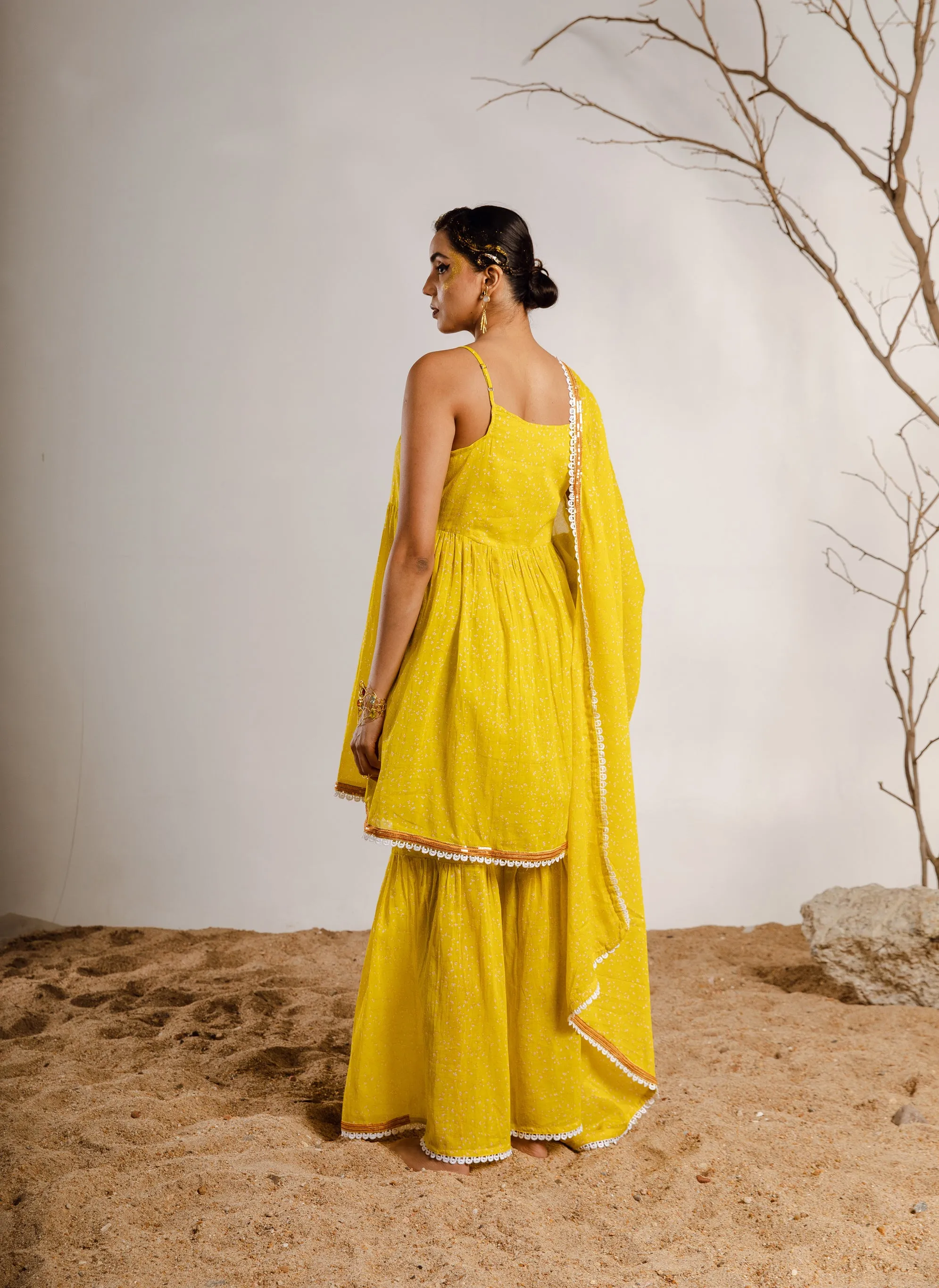Womens Cotton Lemon Green A-line Kurta Sharara and Dupatta With Fancy Potli Set