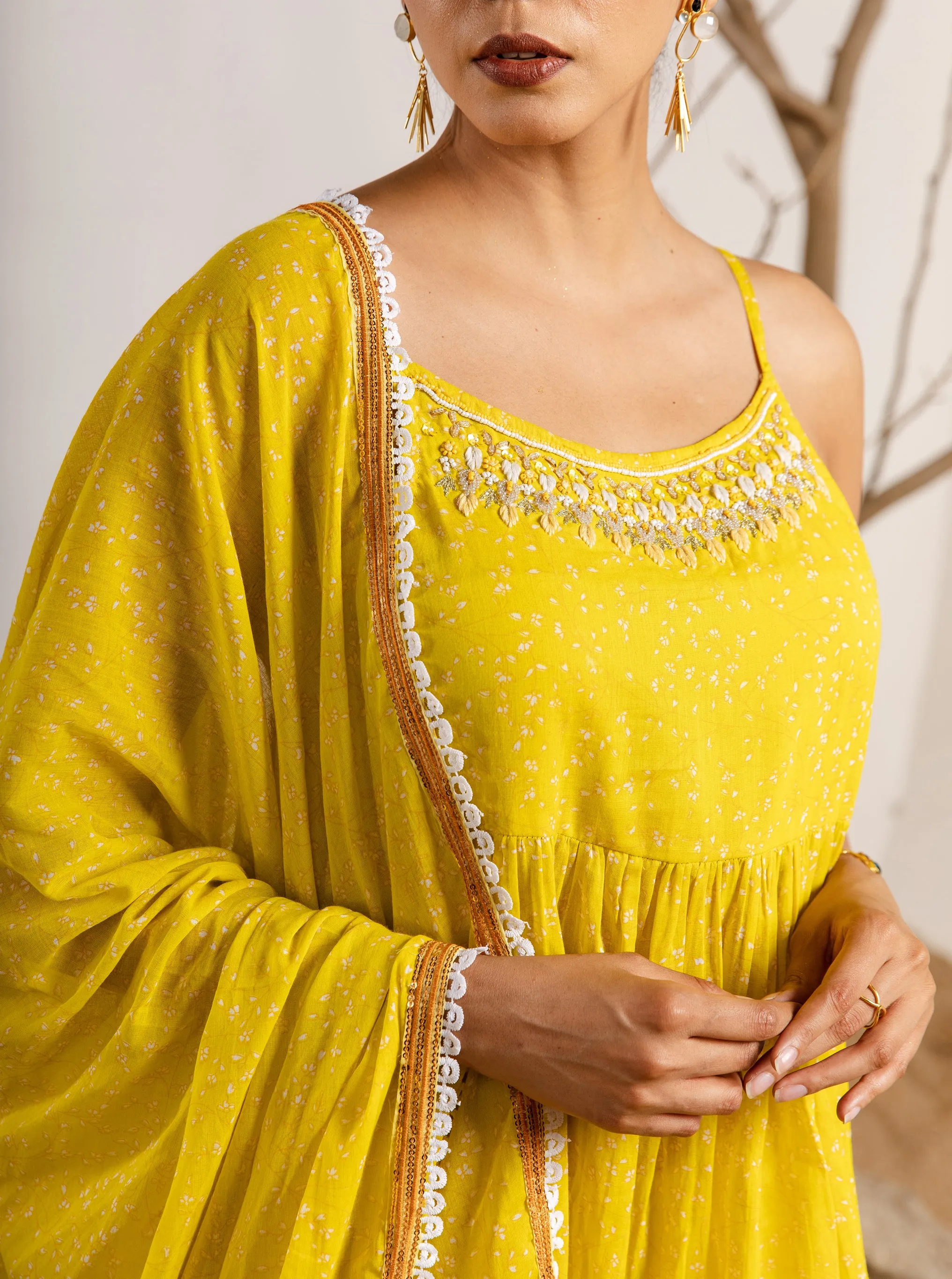 Womens Cotton Lemon Green A-line Kurta Sharara and Dupatta With Fancy Potli Set