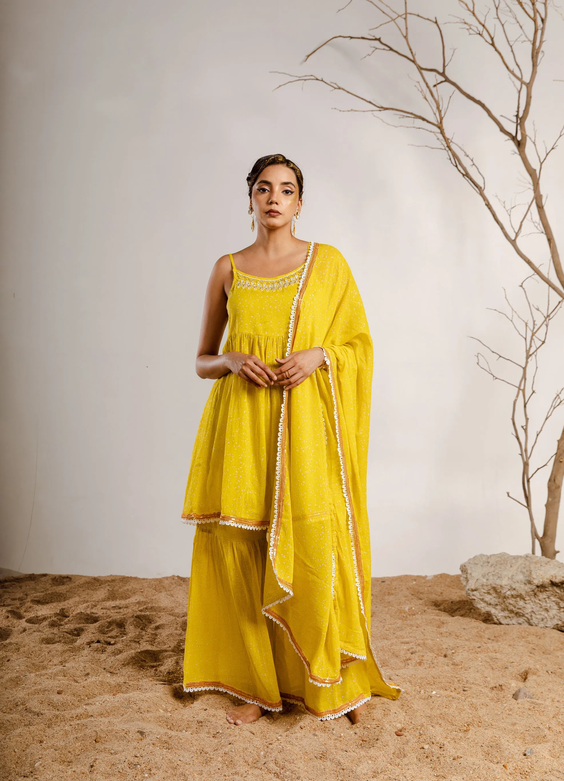 Womens Cotton Lemon Green A-line Kurta Sharara and Dupatta With Fancy Potli Set