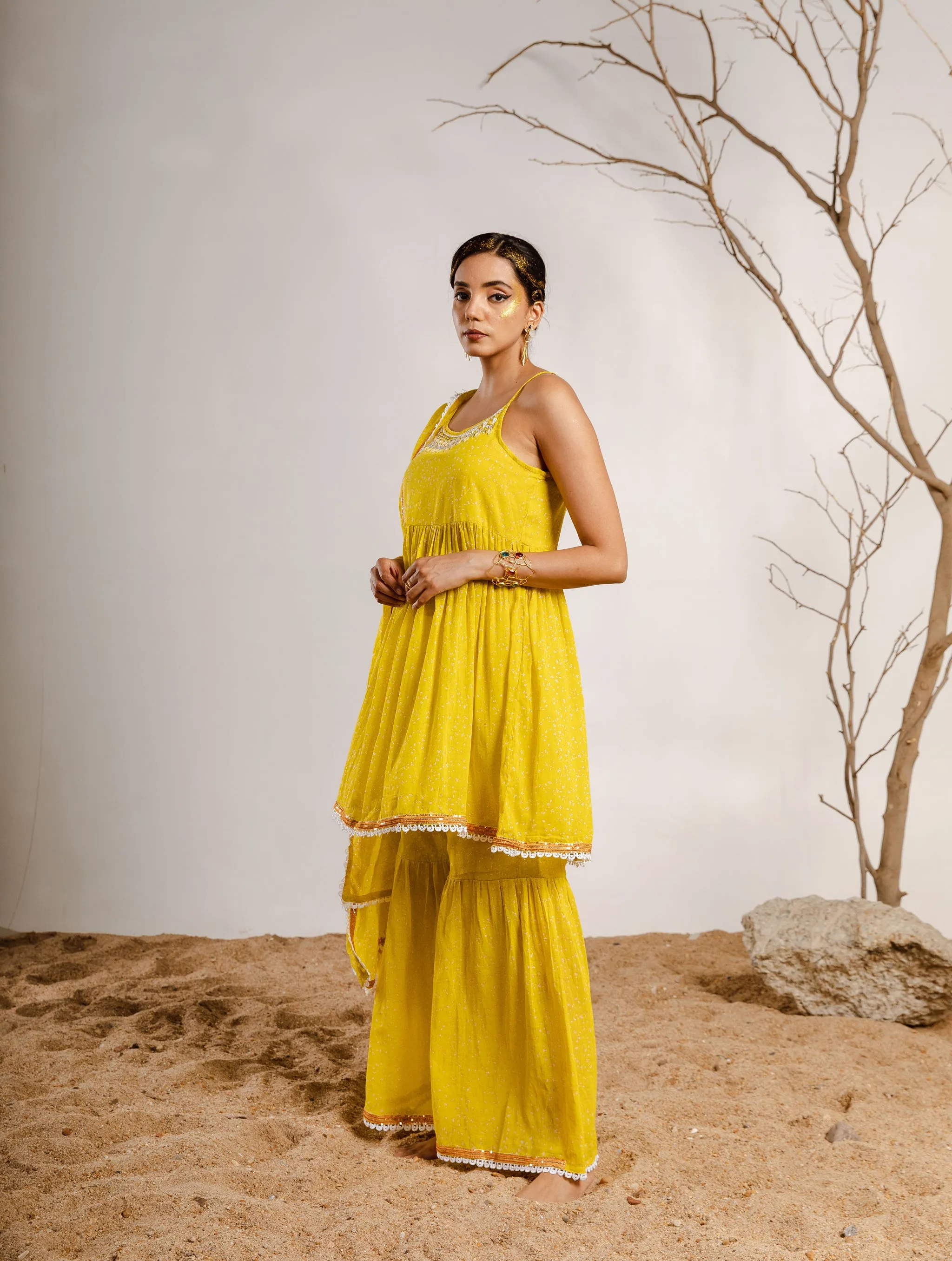 Womens Cotton Lemon Green A-line Kurta Sharara and Dupatta With Fancy Potli Set